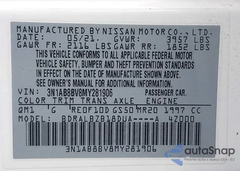 2021 Nissan Sentra S Xtronic Cvt from USA, damaged, VIN 3N1AB8BV8MY281906